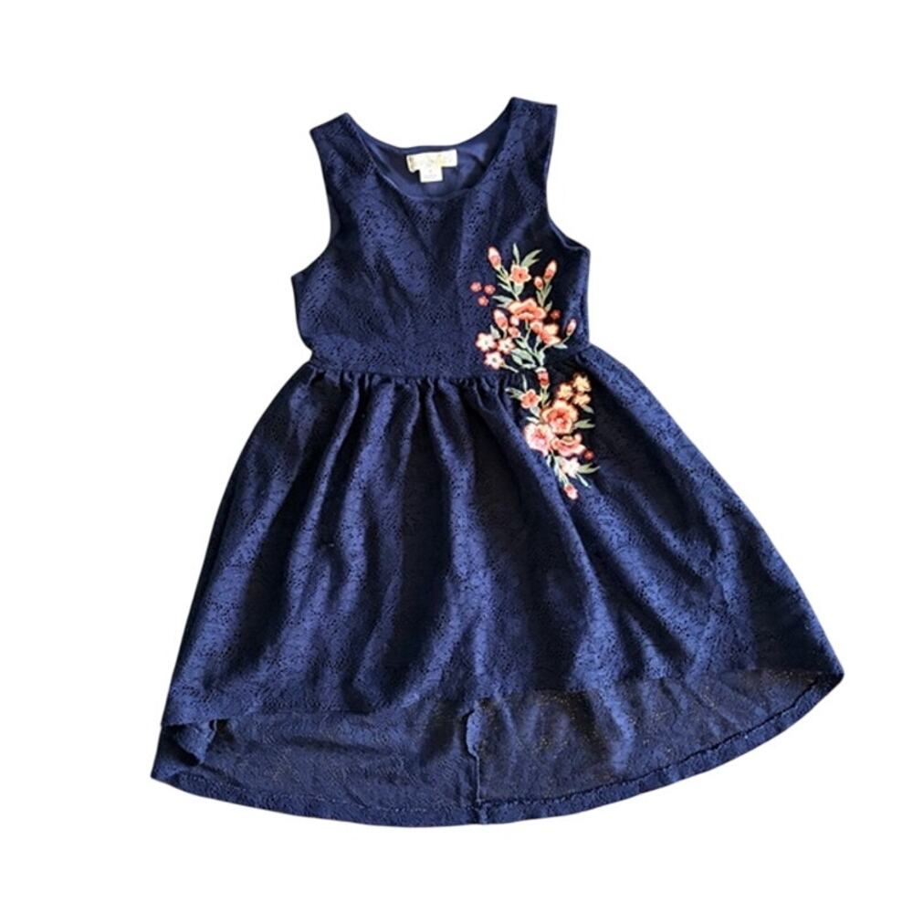 Knit Works Girls Size 7 Navy Blue Embroidered Floral Dress Lace Sunday Best